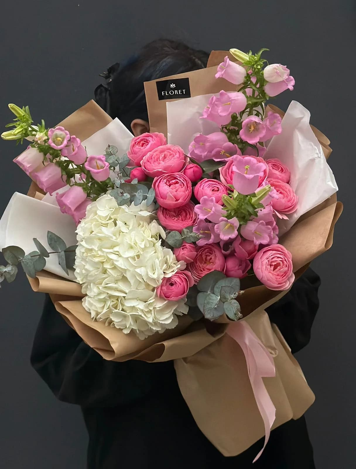 Mix bouquet with Pink Silva spray roses, Campanula & white Hydrangea