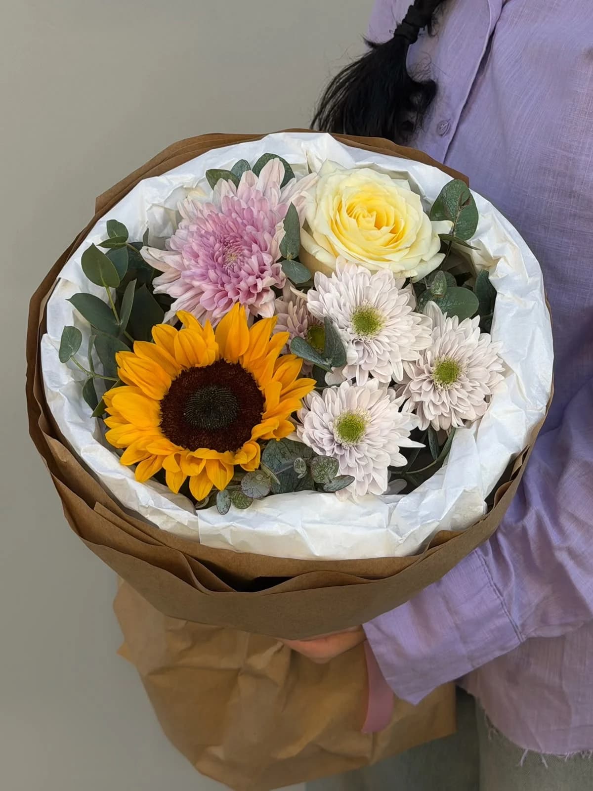 Bouquet with Sunflower, Candle Light Rose and Chrysanthemums
