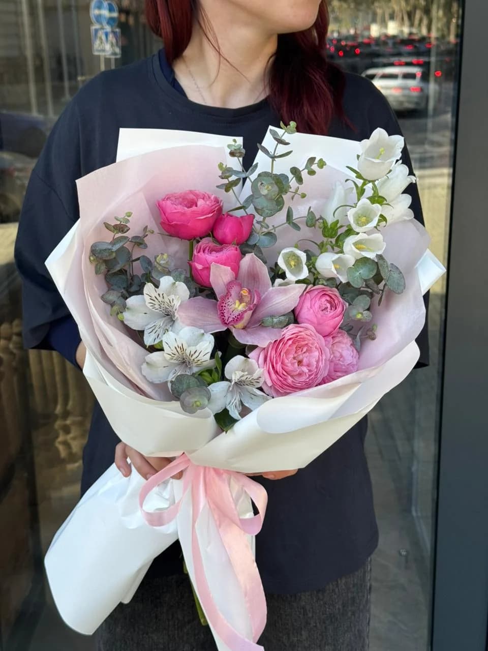 Mix bouquet with Pink Silva spray roses, Orchidea, Alstroemeria & Campanula
