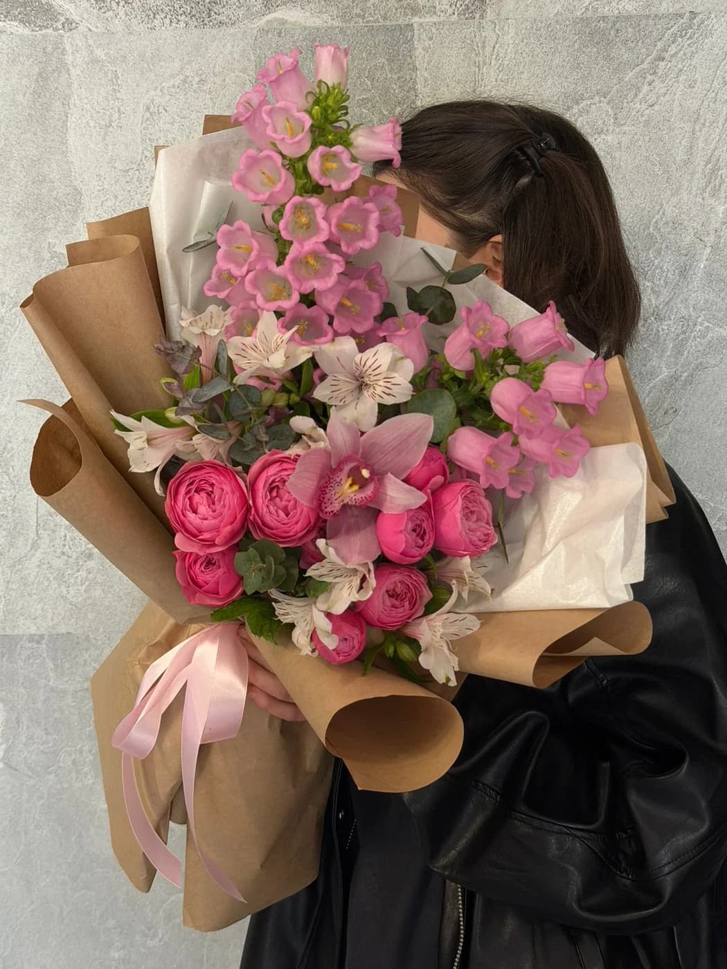 Mix bouquet with Pink Silva spray roses, Alstroemeria, Campanula & Orchidea