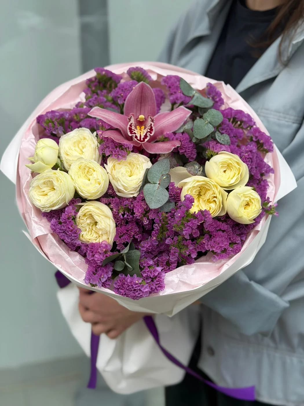 Duo bouquet of White Piano spray roses and Orchidea