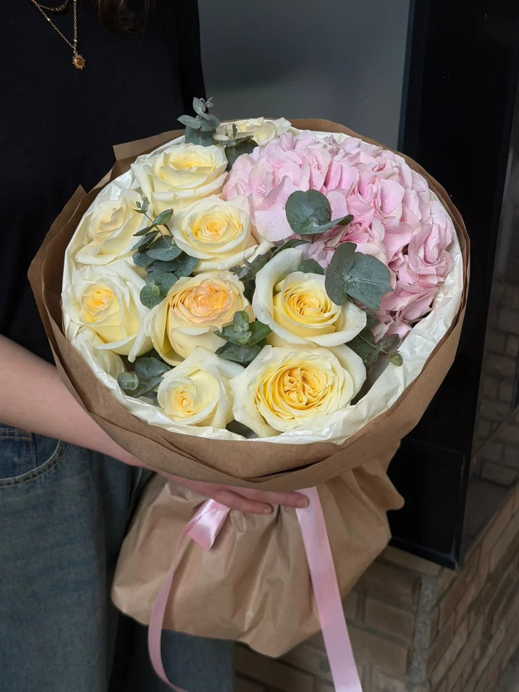 Duo bouquet of Candle Light roses and hydrangeas.