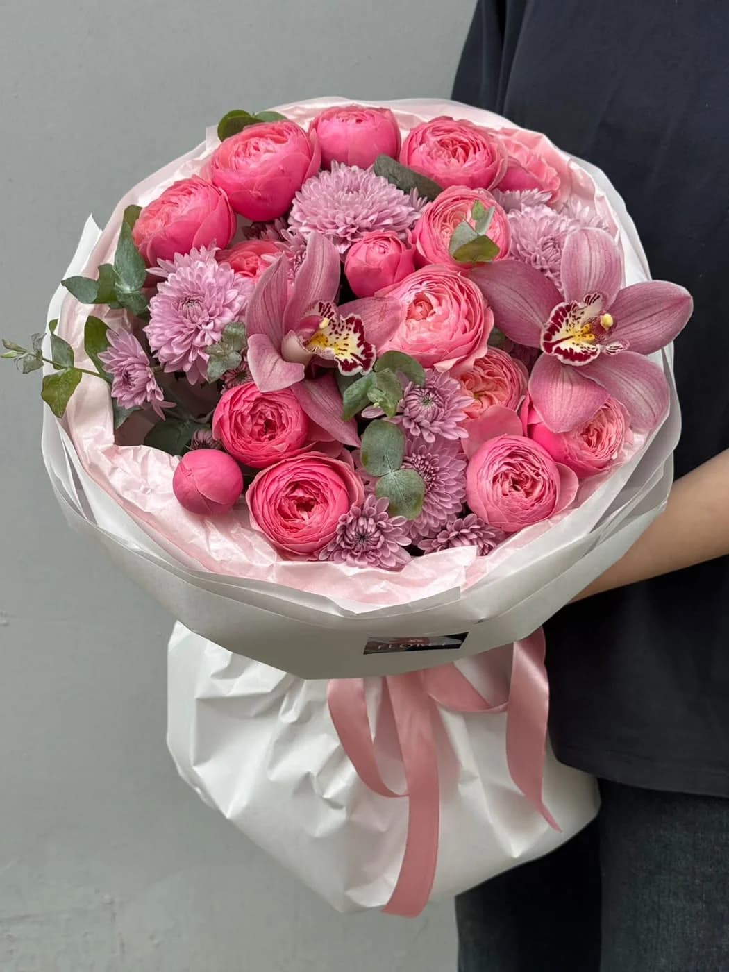 Mix bouquet of Orchidea, Pink Silva spray roses and pink spray Chrysanthemum