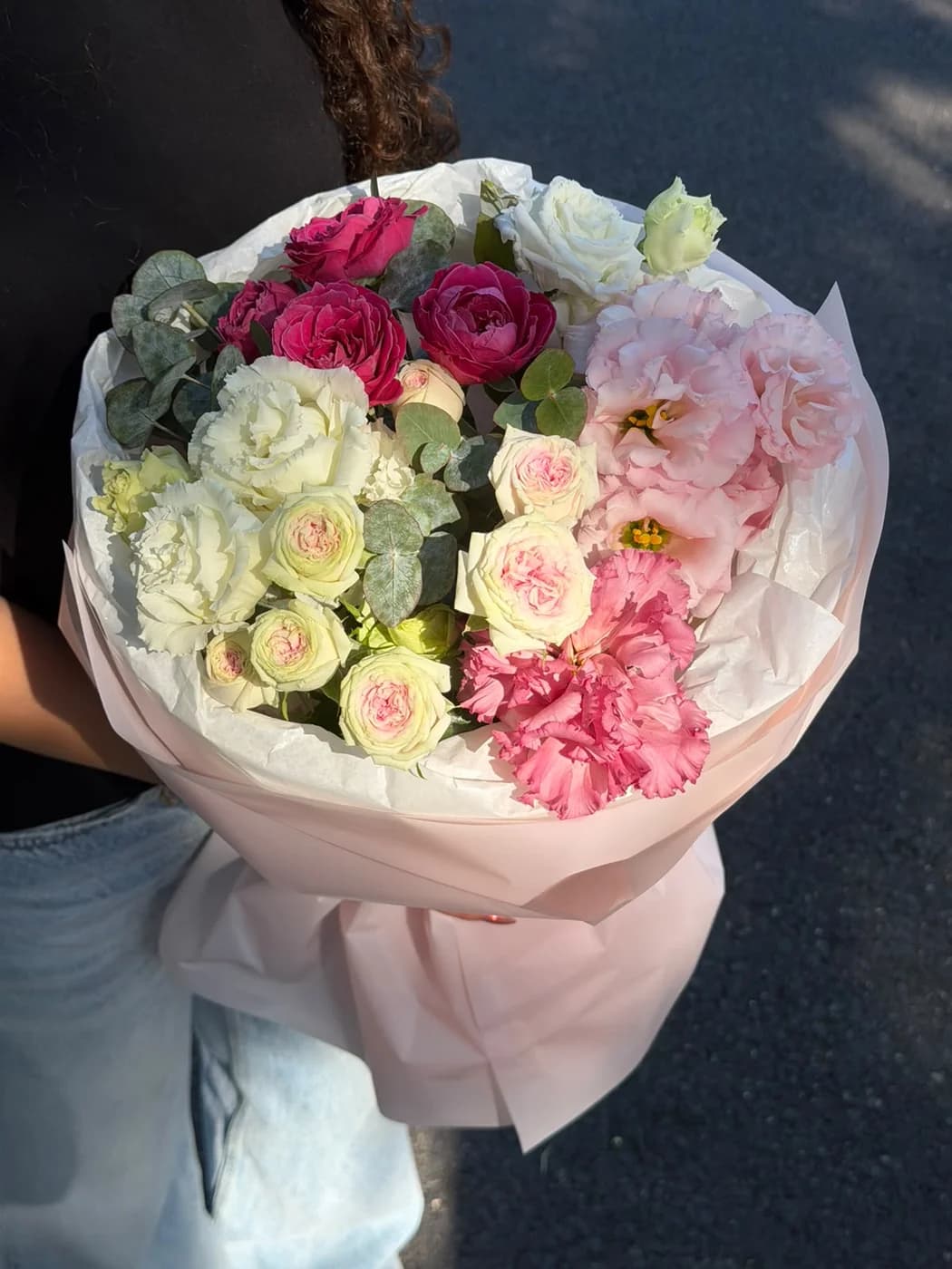 Mix Bouquet of: Gelato Spray Roses, Purple Silva, White Eustoma, Pink Eustoma