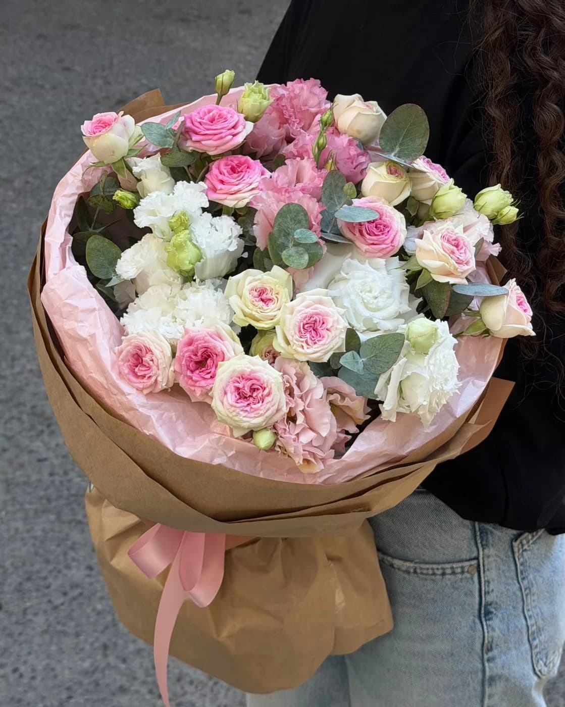 Mix Bouquet of: Gelato Spray Roses, Pink Eustoma, White Eustoma