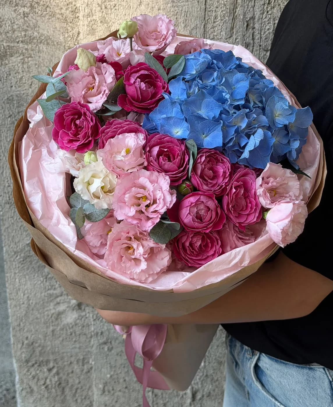 Mix bouquet of Hydrangea,Purple Silva spray roses and eustoma