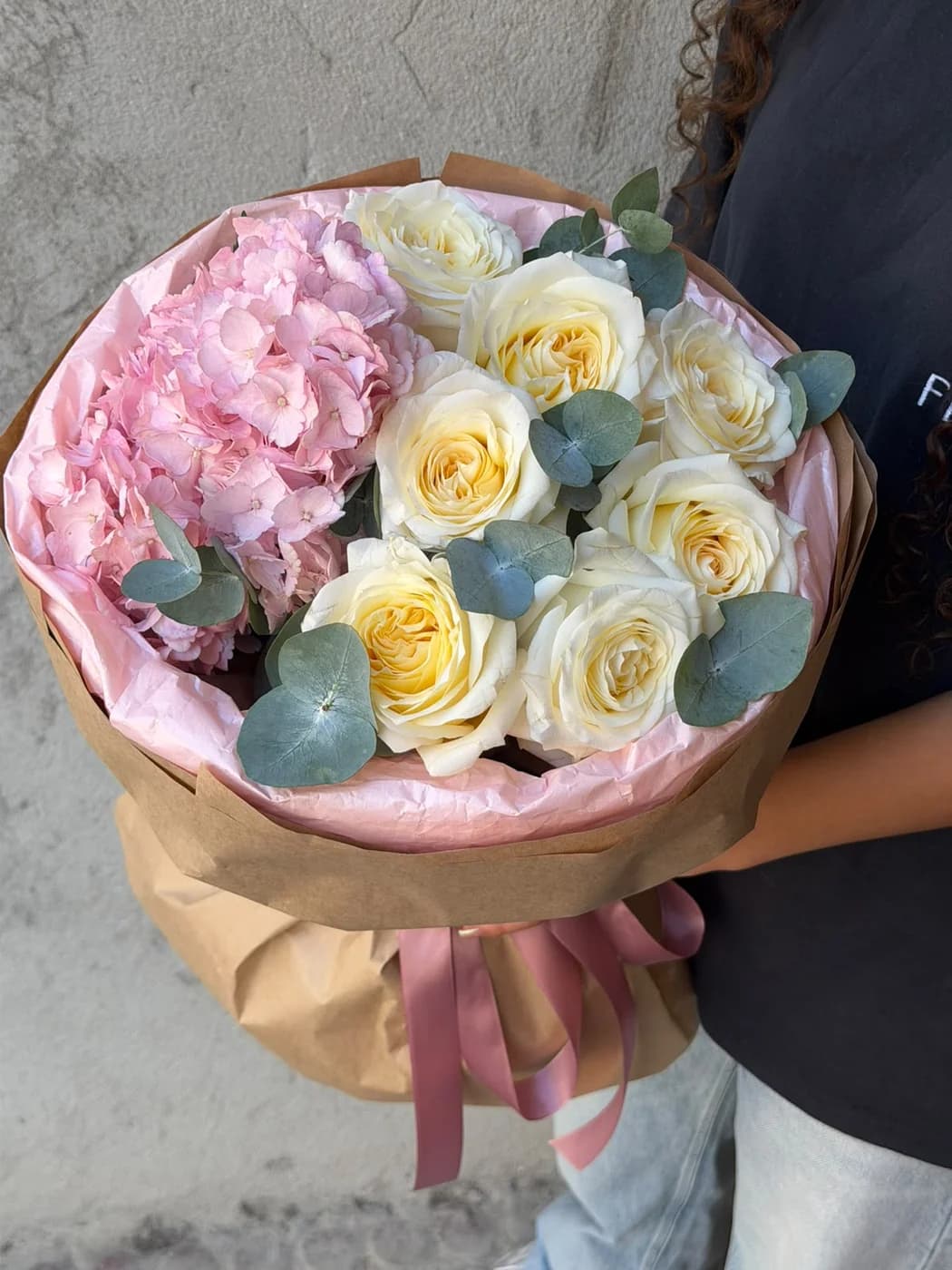 Duo bouquet of Candle Light roses and Pink Jumbo hydrangea