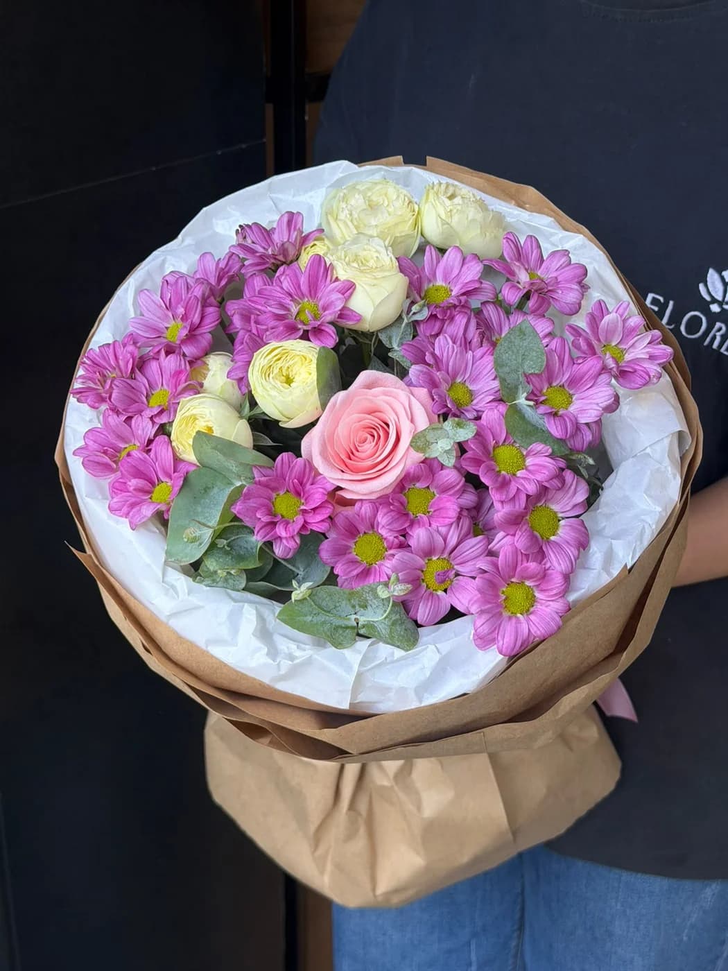 Mix bouquet of Purple Spray Chrysanthemum, White Piano roses and Be Sweet spray roses.