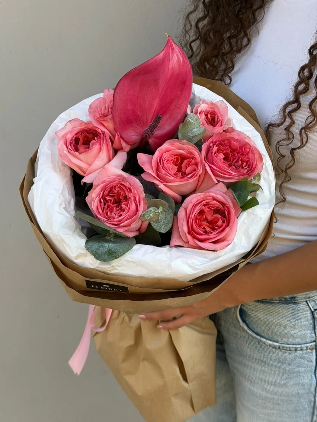 Дуо букет из роз Pink Expression и Антуриума