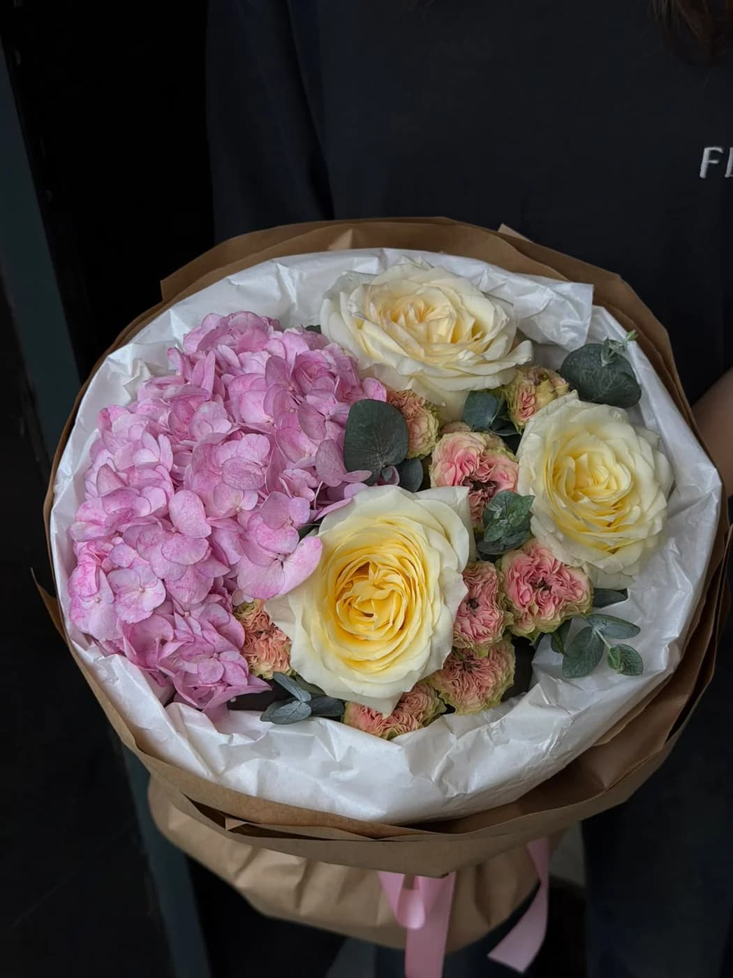 Mixed bouquet of Candle Light roses,Sweet eye roses,and pink hydrangeas