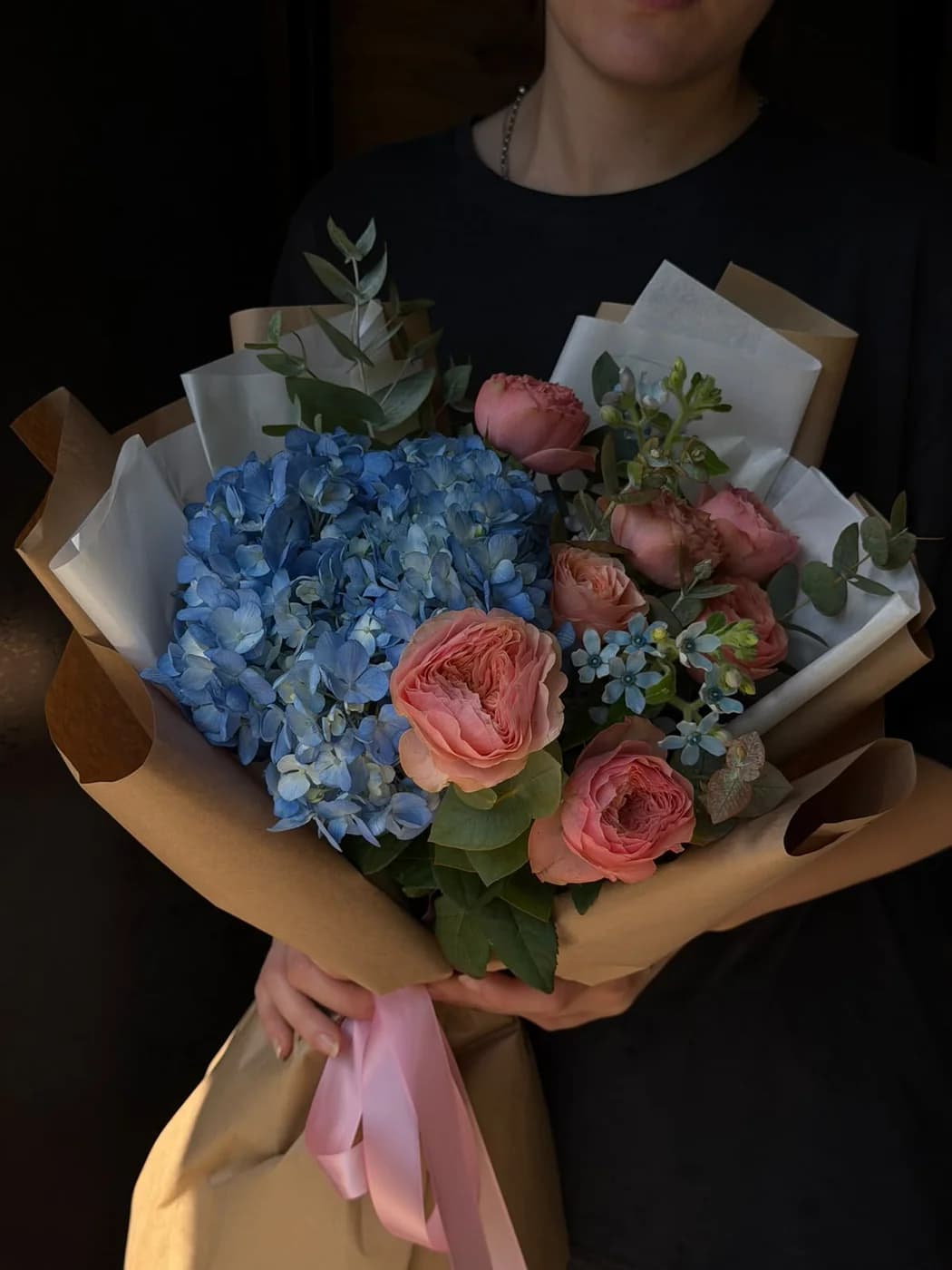 Mixed bouquet of Harper roses,oxypetalum and blue hydrangeas