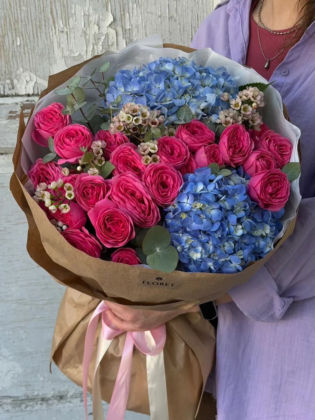 Mix bouquet with Giselle roses,blue hydrangeas and wax flowers