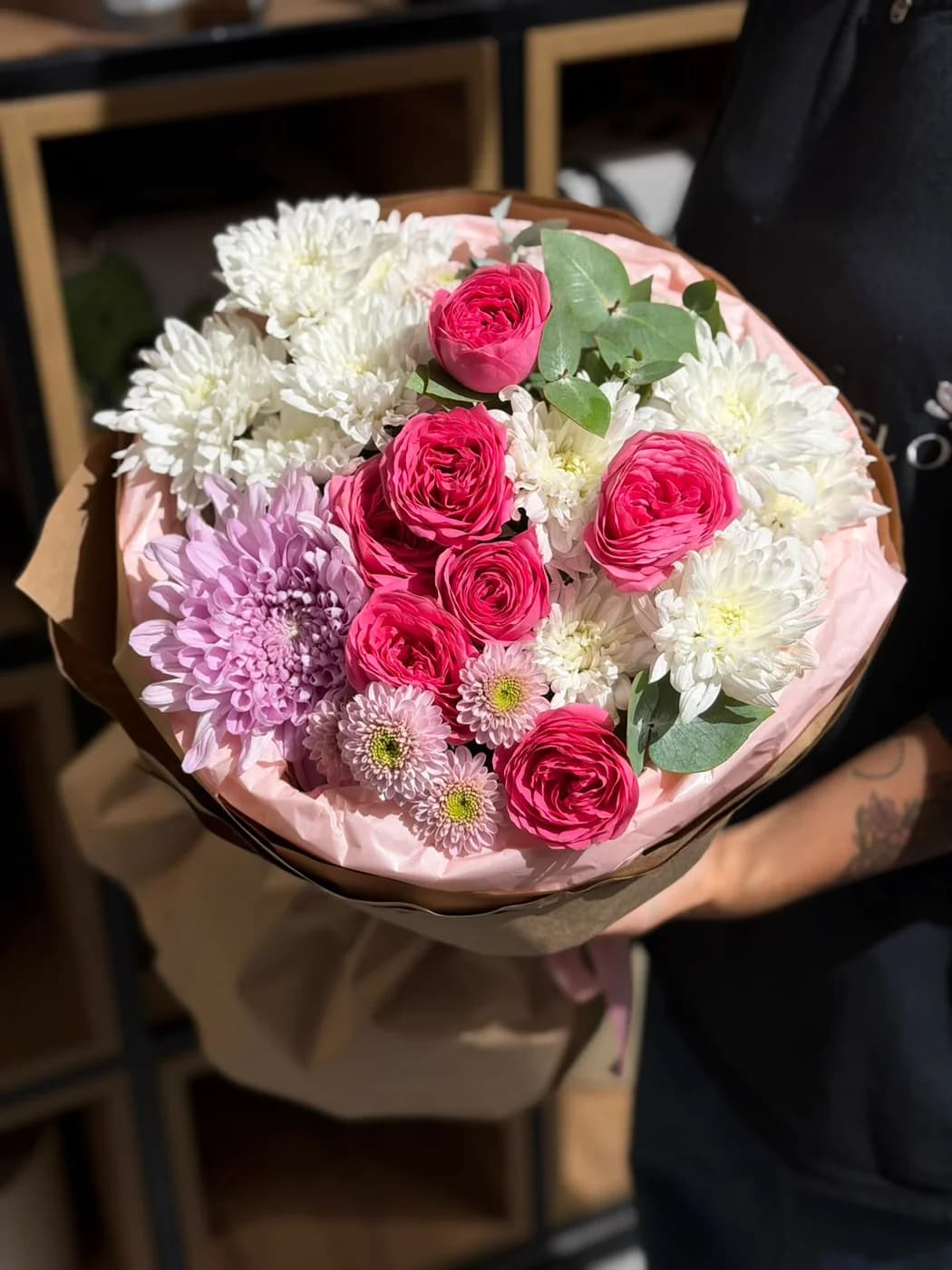 Mix bouquet of spray chrysanthemums, Giselle spray roses and chrysanthemums