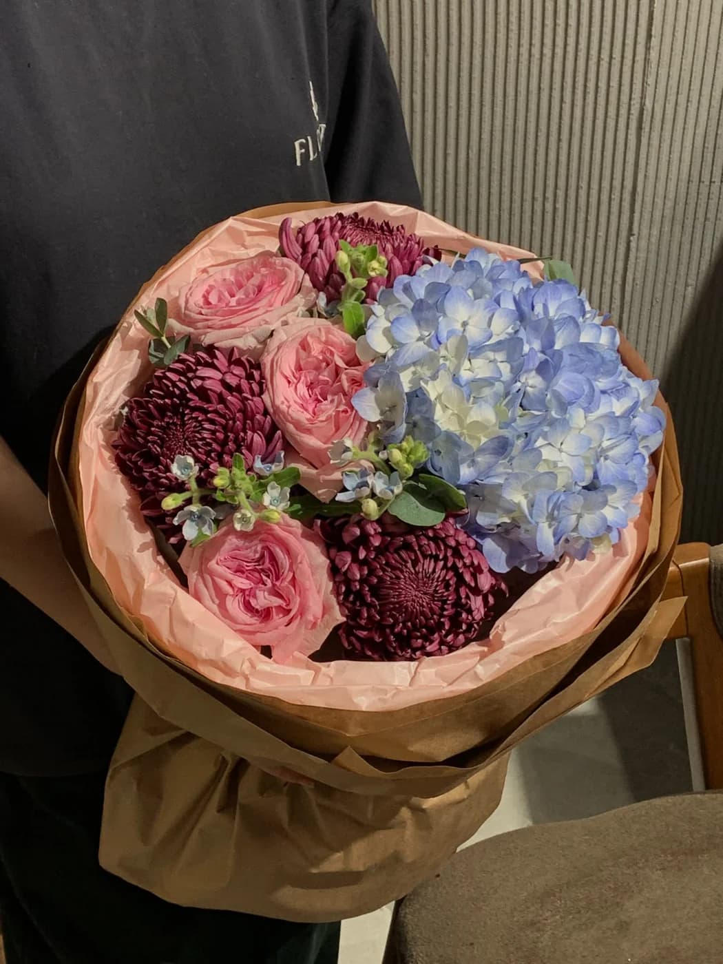 Mix bouquet of Pink O'hara roses, hydrangea, chrysanthemum Bigoudi and oxypetalum
