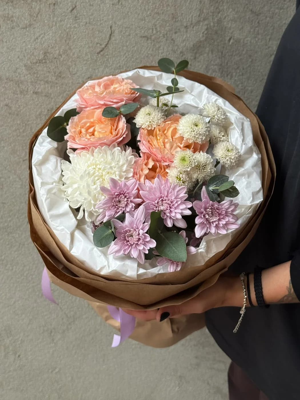 Mix bouquet of Gazelli Chrysanthemum, dubki, chrysanthemum Lady Pink and Juliet spray rose