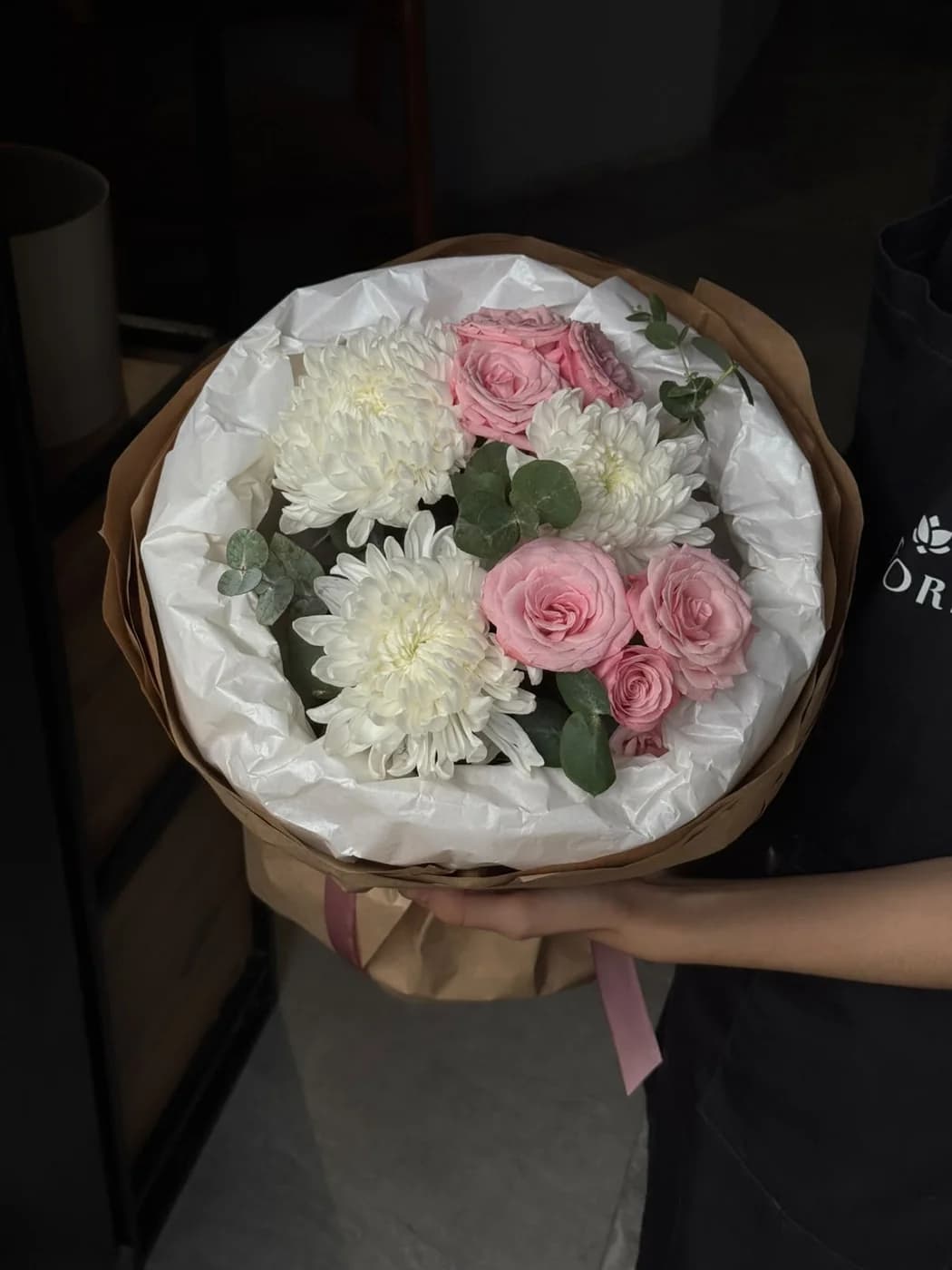 Duo bouquet of Birds Nest spray roses and Gazelli chrysanthemums