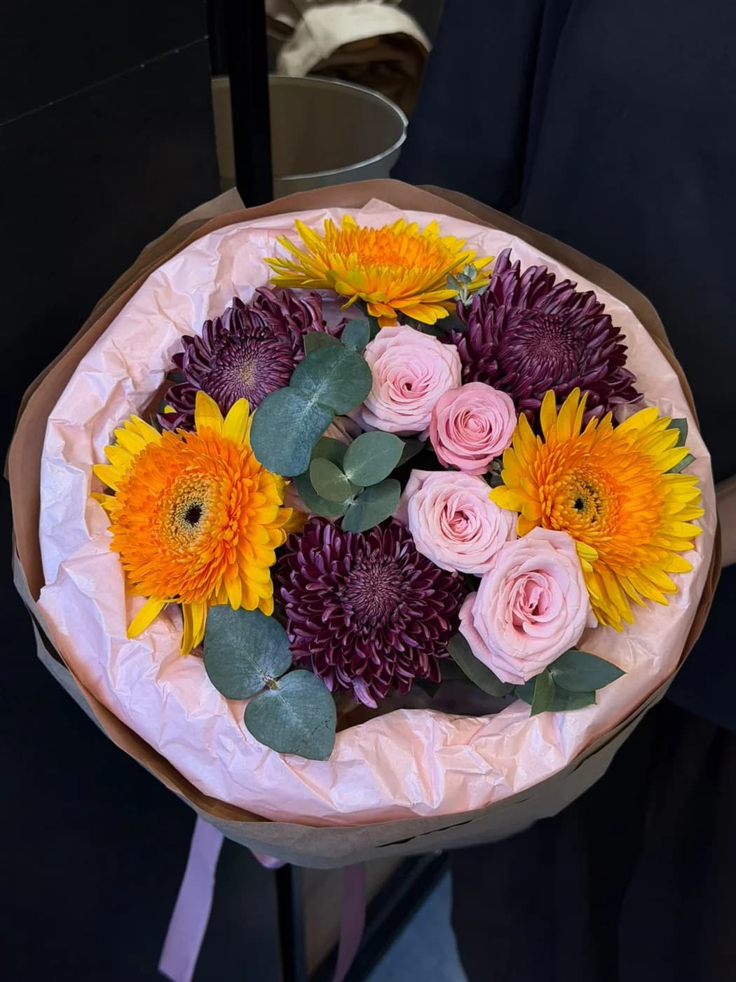 Mix bouquet of Yellow Gerbera, Bird’s Nest & Chrysanthemum Bigoudi.